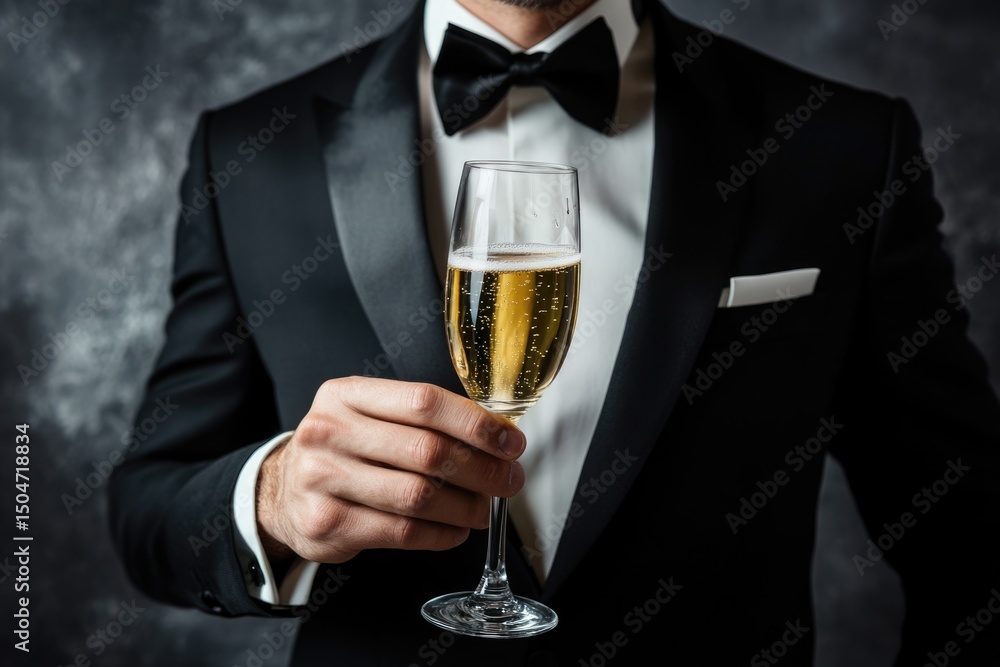 Elegant man in a tuxedo raising a champagne glass against a dark, textured background in a sophisticated celebration. Elegant man in a tuxedo raising a champagne glass against a dark, textured background in a sophisticated celebration.