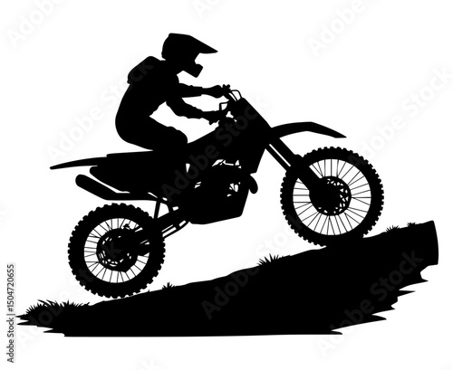 Black and white silhouette of a man on a cross-country motorcycle on a white isolated background. Vector graphics. EPS.
