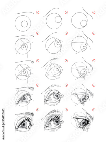 Page shows how to learn to draw sketch of imaginary eye from different angles. Pencil drawing lessons. Educational page for artists. Textbook for developing artistic skills. Hand drawn vector.