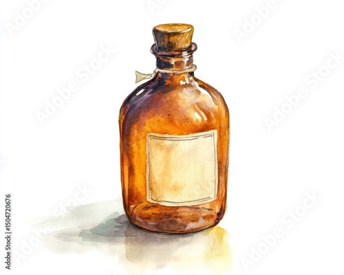 A watercolor illustration of a brown glass bottle, isolated on a white background for a soft, artistic touch