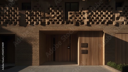 Modern Brick House Exterior with Wooden Doors and Intricate Facade