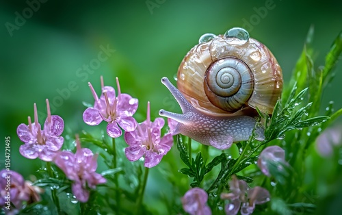 Snail on Dew-Covered Flowers Macro Photography