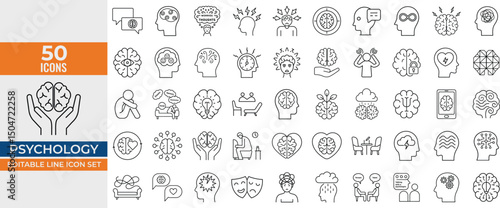 Psychology Icon Pack. Therapy, Psychoanalysis, Mental Health, Depression, Anxiety, Stress, Empathy, & More. Vector Illustrations