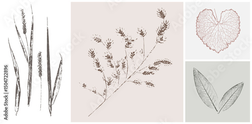 Trendy floral branch and minimalist flowers for logo or decorations. Hand drawn line elegant leaves for invitation card. Botanical rustic trendy vector art.