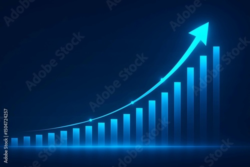 Glowing blue investment finance chart dynamic visualization depicting stock market business exchange financial growth curving line and bars