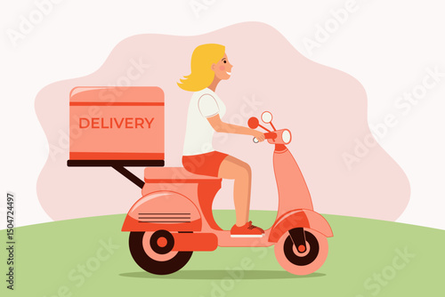 Vector illustration courier girl on a red scooter with a parcel, a cardboard box is attached to the back, background, landscape