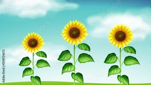 Realistic sunflowers sway in the wind against a blue sky