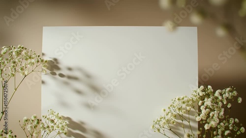 Blank White Card with Delicate Baby's Breath Flowers on Beige Backdrop Wedding Invitation Mockup