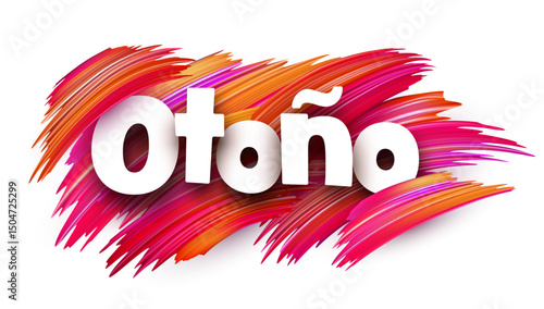 Spanish word meaning autumn in bold white letters over warm multicolor vector brush strokes