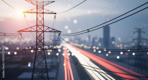 Electric power infrastructure with transmission tower overlooking urban highway traffic light trails. Energy distribution network. Modern city night life.