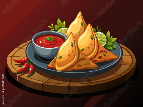 vector of Freshly cooked samosa in dark dish with special sauce on wooden table on dark background