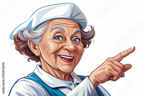 Old beautiful woman nurse happy smile look indicate finger vector empty space ad promo advise choice isolated background banner
