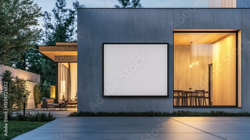 Modern residence exterior at twilight with blank billboard.