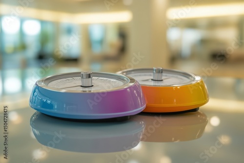 Colorful kitchen timers on shiny surface in modern setting
