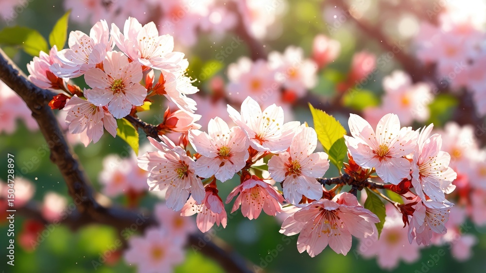 Obraz premium blooming cherry blossoms, cluster of vibrant pink cherry blossoms in full bloom. The flowers are delicate, with soft petals and bright yellow stamens, showcasing their classic beauty