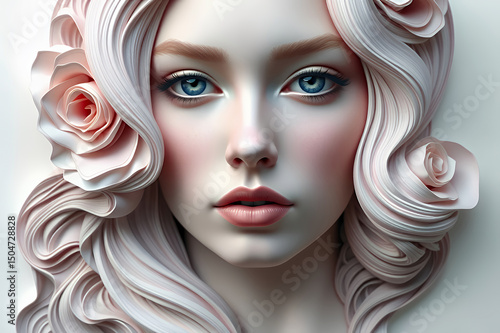 Stunningly Striking Imagery - A Beautiful Woman's Face, Meticulously Crafted With Delicate Paper-Like Features And Sculpted Pink Roses.