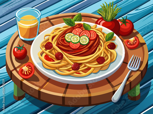 vector of Wooden table with tagliatelle with minced meat and tomato sauce