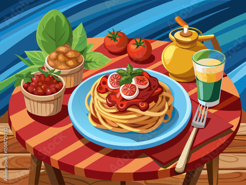 vector of Wooden table with tagliatelle with minced meat and tomato sauce