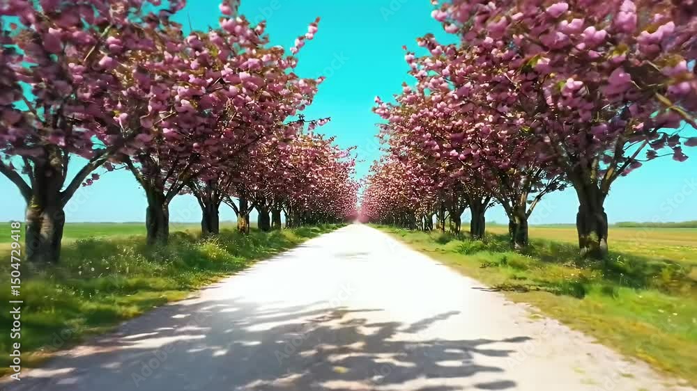 Drone View of Empty Road with Pink Cherry Blossom Trees Under Clear Blue Sky Asphalt Nature Spring Bloom Floral Tranquil Countryside Decorative Drone View of Empty Road with Pink Cherry Blossom Trees Under Clear Blue Sky Asphalt Nature Spring Bloom Floral Tranquil Countryside Decorative