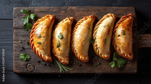 Freshly Baked Argentinian Empanadas on Rustic Wooden Board