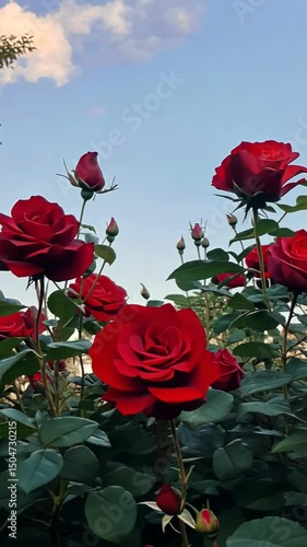 Bright red roses blooming in slow motion, slow blooming red roses. Vertical