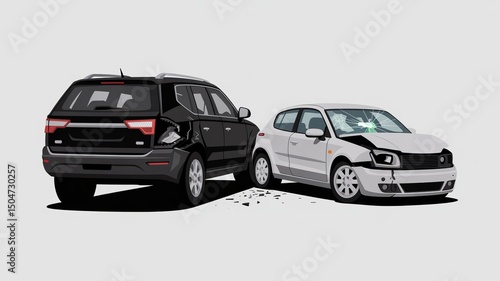 A black suv and a white car are in an accident with visible damage on both vehicles in a plain background