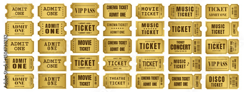 Vector set of Admit One tickets template. Golden ticket for cinema, movie, circus, theater, film, festival, casino, club, music, etc. Event admission, entrance pass set. Vector illustration.
