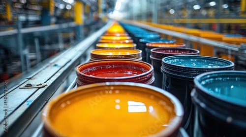Vibrant colorful paint buckets in industrial factory setting