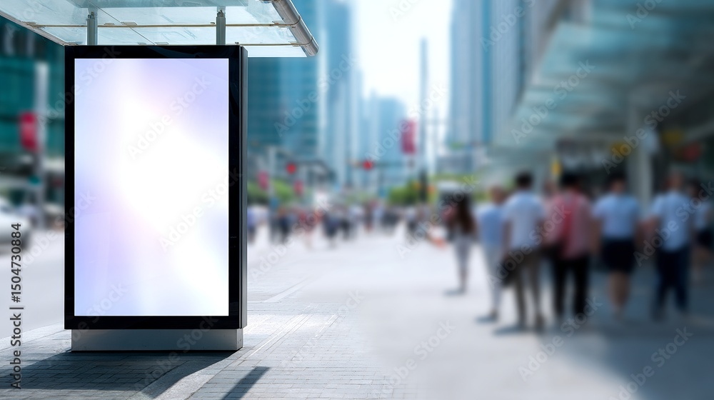 Obraz premium A busy city street scene featuring an empty digital billboard. The blurred background offers a glimpse of urban life and movement. Perfect for advertising and marketing purposes. AI