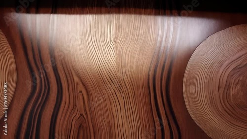 Abstract close-up of a wooden surface with prominent grain and texture, showing rich brown tones and unique patterns in natural materials