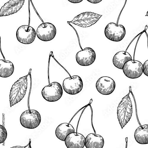 Seamless pattern with cherry in sketchy hand-drawn monochrome style. Vector illustration.