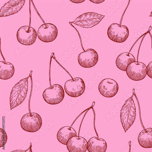 Seamless pattern with cherry in sketchy hand-drawn monochrome style. Vector illustration.