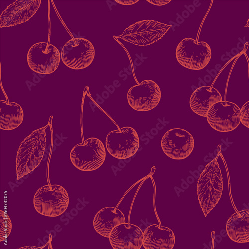 Seamless pattern with cherry in sketchy hand-drawn monochrome style. Vector illustration.