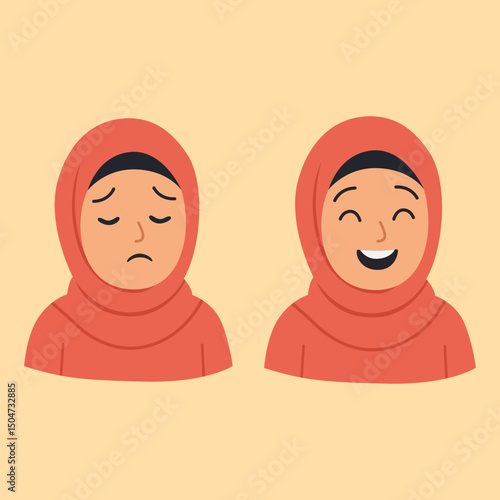 Two Muslim Girls Wearing Hijab – Smiling and Neutral Face Expressions of Islamic Children Vector
