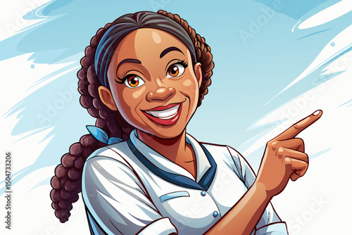 Young braided hair african american girl nurse look indicate finger vector empty space ad promo advise choice isolated background banner