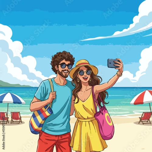Happy Tourist Couple Taking Selfie on Tropical Beach, Summer Vacation Vector Illustration