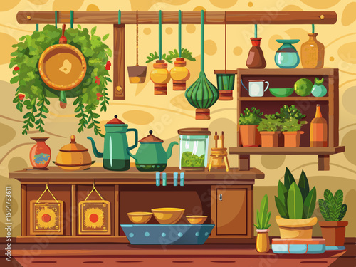 vector of An Indian kitchen decorated with rustic wooden shelves, brass utensils, and fresh herbs on the table, epitomizes the essence of home cooking.