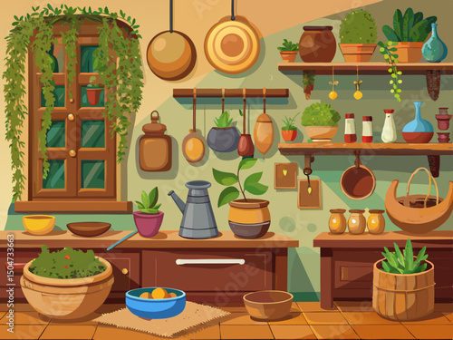 vector of An Indian kitchen decorated with rustic wooden shelves, brass utensils, and fresh herbs on the table, epitomizes the essence of home cooking.