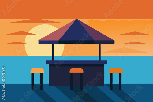 Tropical beachside cafe with umbrellas offering summer relaxation by the sea and sand