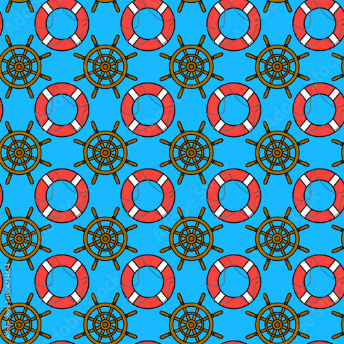 Seamless summer nautical cartoon pattern with steering wheels, and life buoys on blue background. For summertime, maritime and sea clothing design, bedding, wrapping paper, and nursery wallpaper.