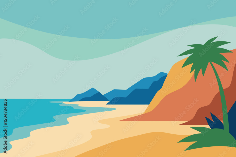 Obraz premium Tropical summer island paradise with palm trees, a sandy beach, and ocean waves under a sunny sky