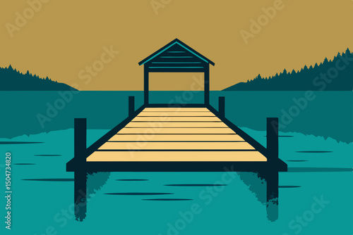 Tropical resort pier at sunset over a calm lake, perfect for a summer island vacation