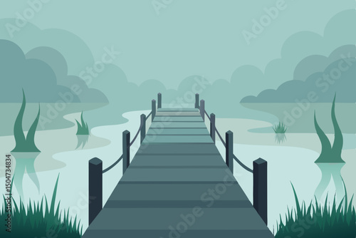 Wooden bridge or pier over a serene lake, sea, or ocean under a summer sky at sunset