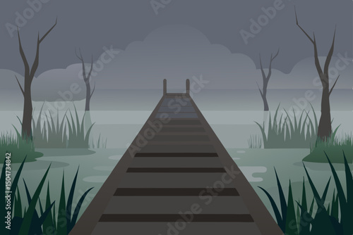 A wooden pier extends into a foggy lake with a footbridge in a serene nature landscape