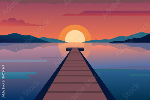 Serene sunset or sunrise over the calm lake water, with orange light reflecting across the peaceful horizon and clouds