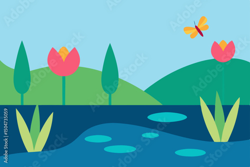 Blooming pink tulips in a vibrant spring garden with lush green grass and delicate floral illustrations