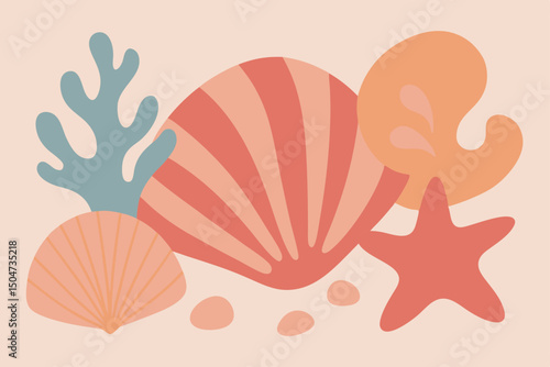 Sea shells pattern illustration of a heart with an abstract background