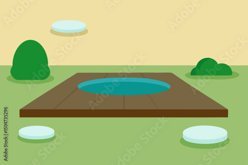 Vector cartoon illustration of a summer golf course landscape with green grass, trees, sky, clouds, and water