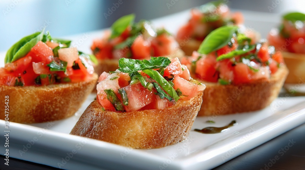 Fresh Bruschetta Bites on Plate with Green Garnish and Herbs Fresh Bruschetta Bites on Plate with Green Garnish and Herbs