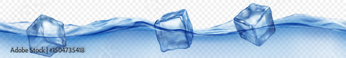 Three translucent ice cubes floating in water with waves, isolated on transparent background. Horizontal banner in blue colors. Transparency only in vector format.